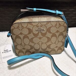 Coach Mini Camera Bag Aqua Blue Khaki Signature 91677 Shoulder Crossbody Bag NEW
